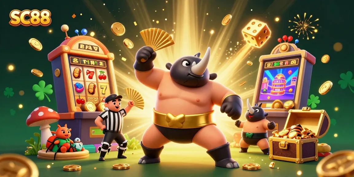Watch SC88's thrilling jackpot explosion with a beetle sumo champion, slot machines, and vibrant casino elements.