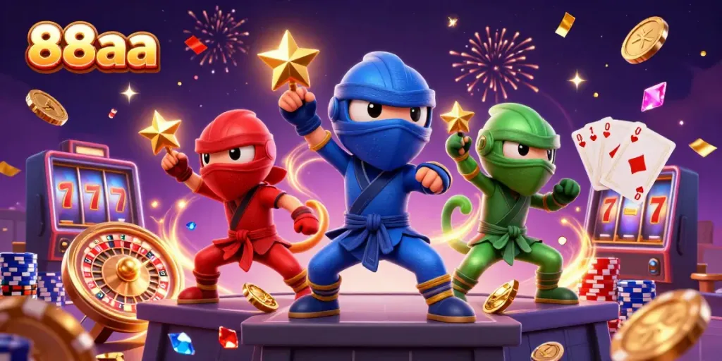 Engage with 88aa, showcasing ninja chameleons in action amidst a dynamic casino backdrop.