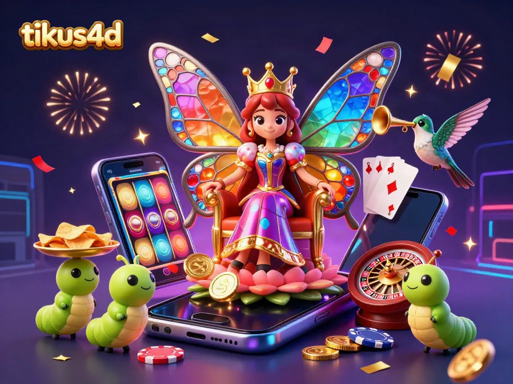 Play exciting slot games with tikus4d's vibrant 3D illustration featuring a butterfly queen and energetic casino elements.