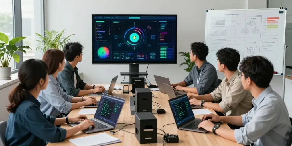 Cybersecurity blog workspace showcasing a diverse team collaborating on threat detection strategies.