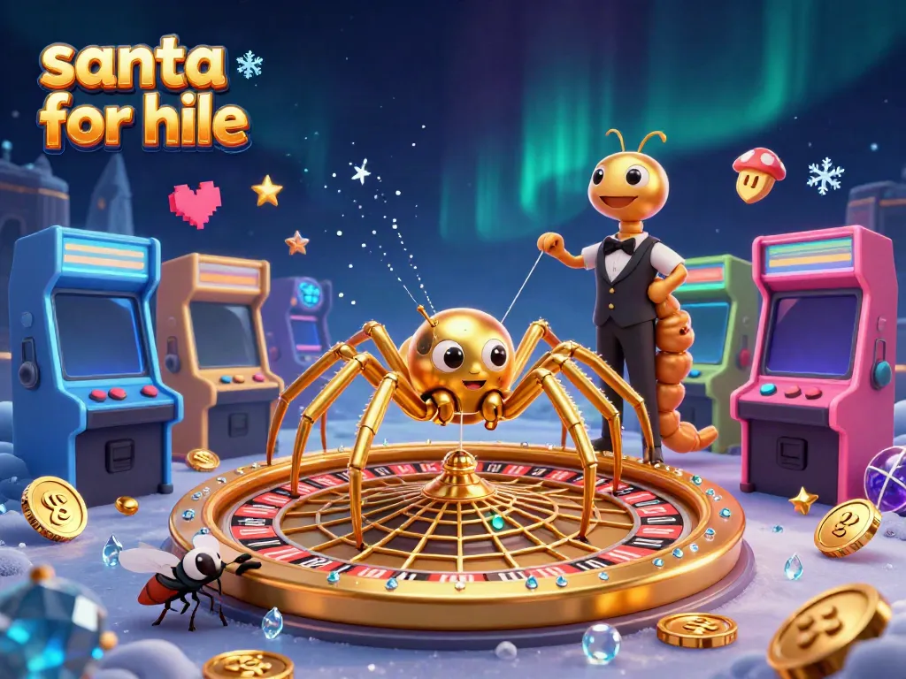 Engaging scene of a "santa for hire" themed roulette wheel with a golden spider and betting fly