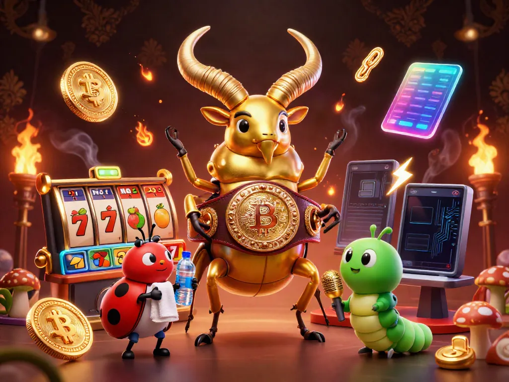 Spin slots for jackpots with golden stag beetle champions at a vibrant casino illustration.