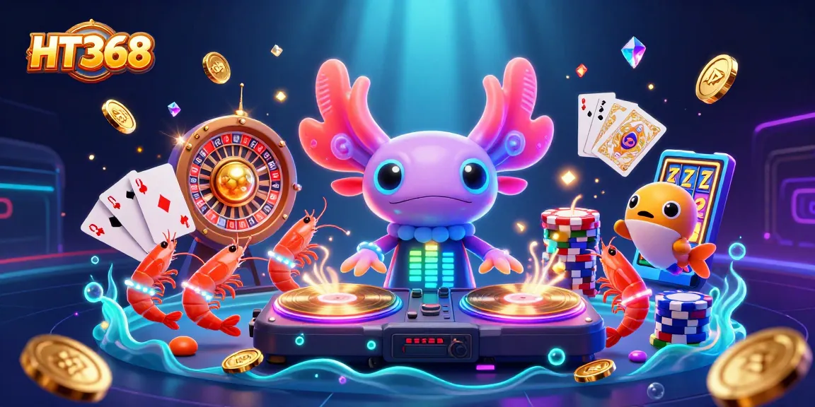 Experience thrilling gaming with HT368, featuring vibrant characters and cascading treasures in a vibrant casino scene.