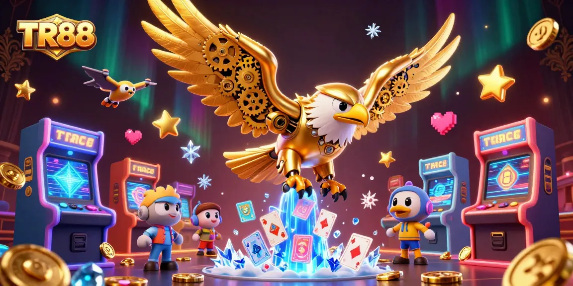 Engage in immersive gaming at TR88 with vibrant holographic cards and a dynamic golden eagle.