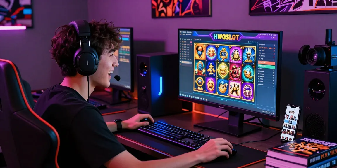Player enjoying an online gaming session on HWGSLOT with vibrant graphics and gaming gear.