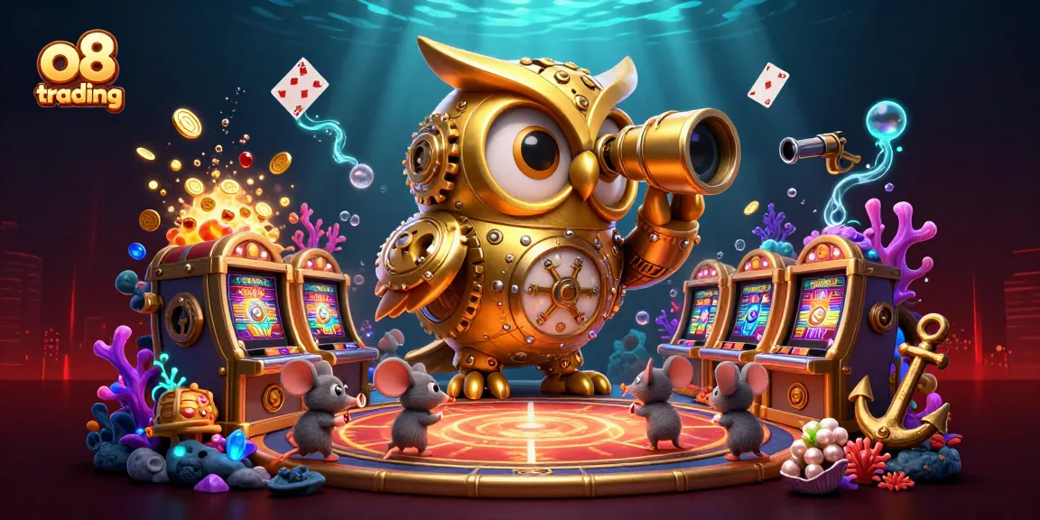 Engage with o8 trading at a vibrant casino scene packed with golden owls and animated mice.