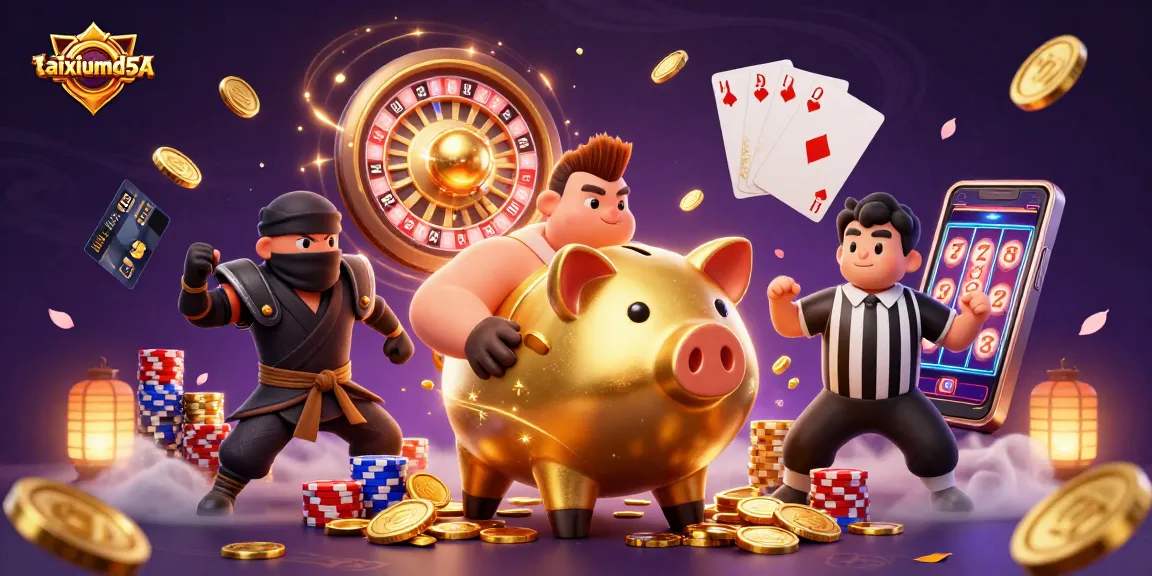 Experience thrilling gameplay with taixiumd5a at this dynamic digital casino scene featuring a golden piggy bank.