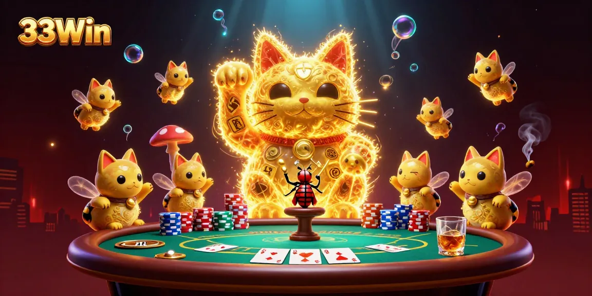Experience the fun of 33Win with a vibrant 3D illustration of a lucky cat and poker elements.