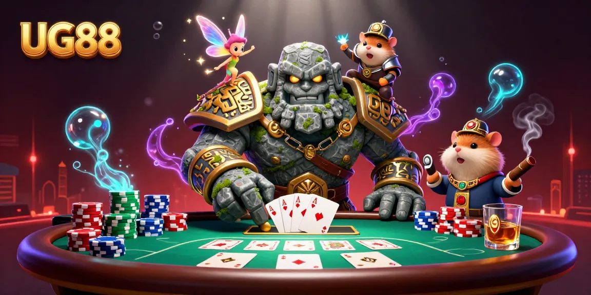 Engage in the vibrant world of UG88 with a magical 3D casino scene featuring a golem, knight, and fairy.
