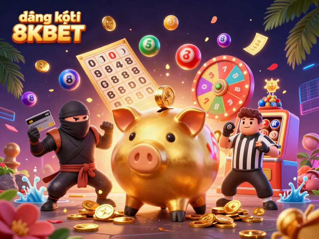 Engage with the excitement of đăng ký 8KBET featuring dynamic characters and colorful gambling elements.