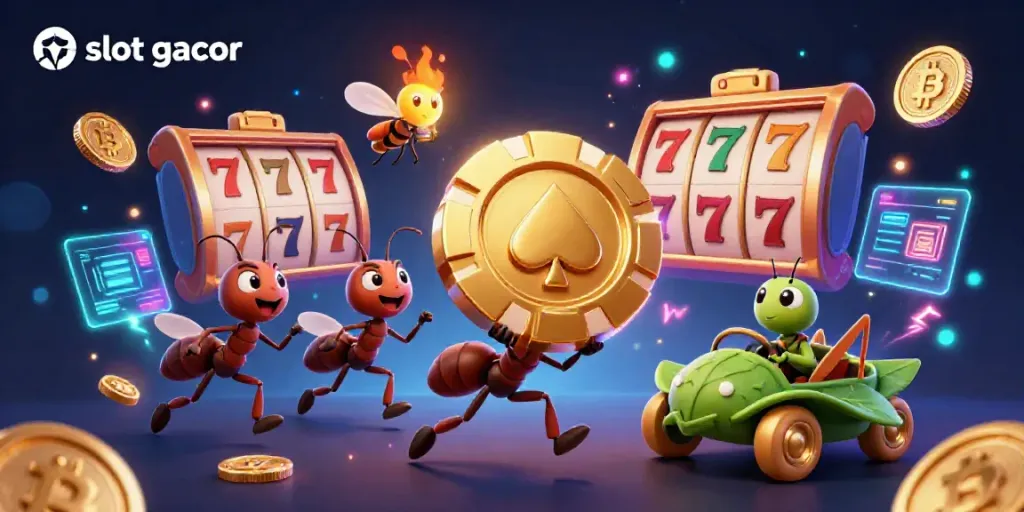 Experience thrilling action with slot gacor as ants run a heist with a giant poker chip.