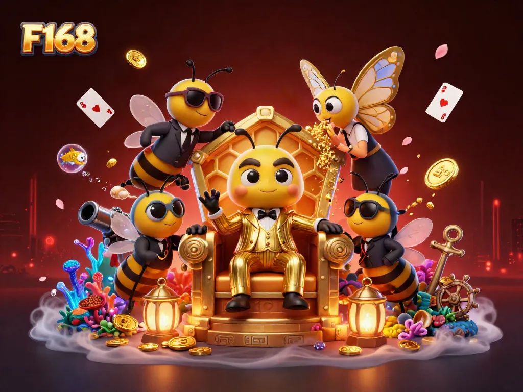 Experience F168's thrilling game atmosphere with a vibrant casino scene featuring unique characters.