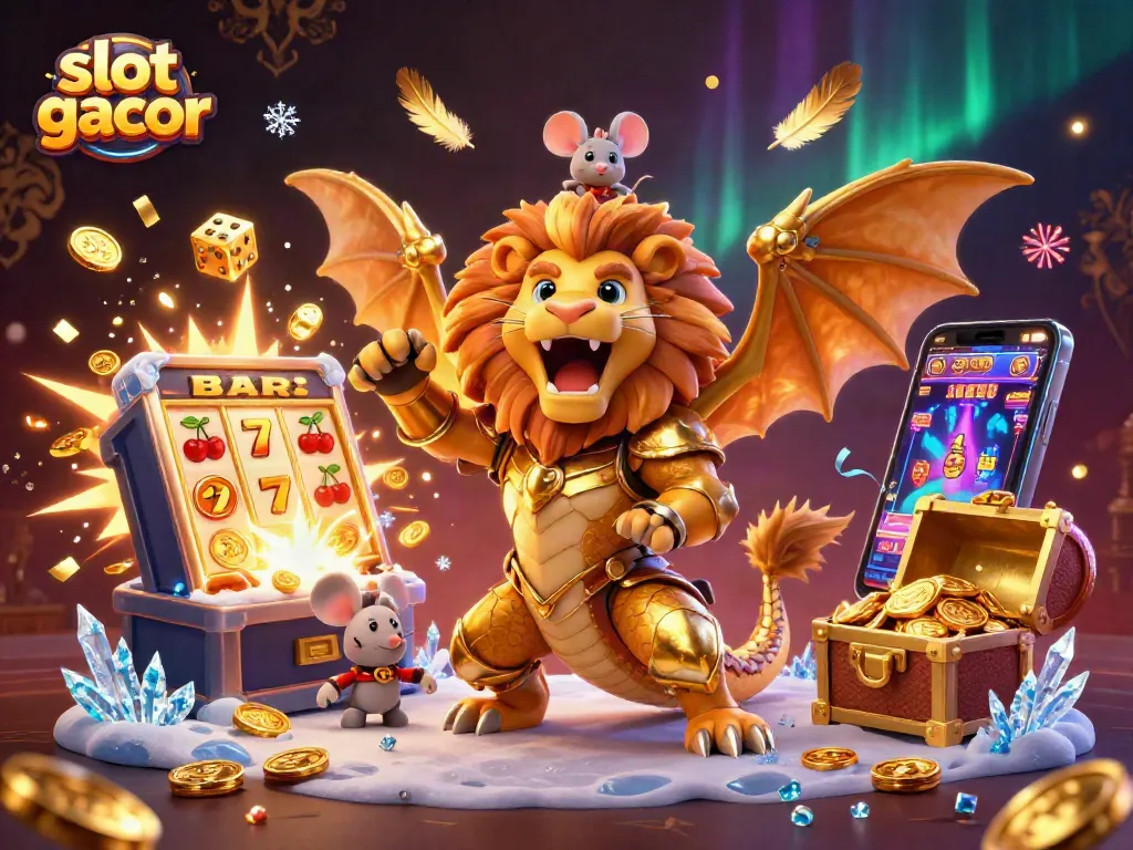 Experience thrilling slot gacor wins with dynamic illustrations of a jackpot slot machine and lively characters.
