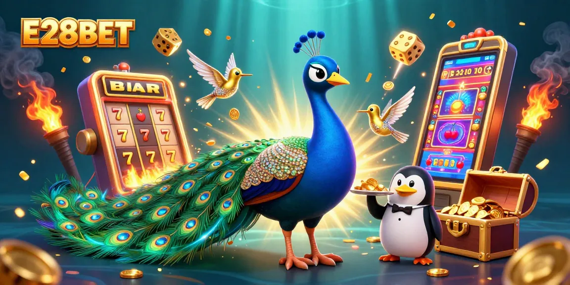 Win big with E28BET in this exciting casino-themed illustration featuring vibrant characters and elements.