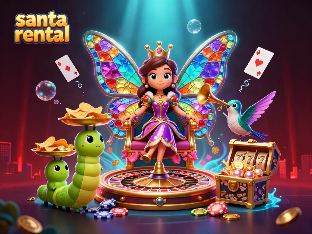 Experience the thrill of Santa rental with an extravagant casino-themed illustration featuring a butterfly queen and vibrant gaming elements.