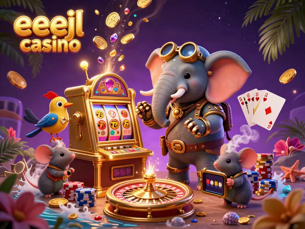 Spin the reels at eejl casino with a steampunk elephant and sparkling gems in a lively scene.