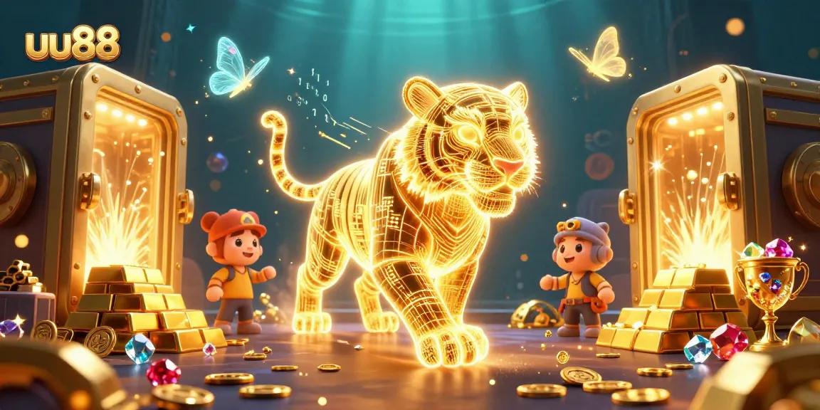 Experience thrilling wins with uu88's dazzling digital casino landscape full of treasures and vibrant characters.