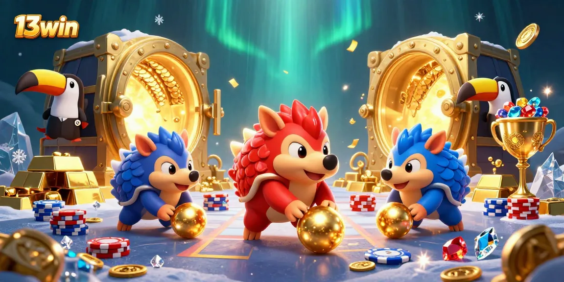 Experience thrilling wins with 13win's vibrant casino illustration featuring dynamic pangolins.