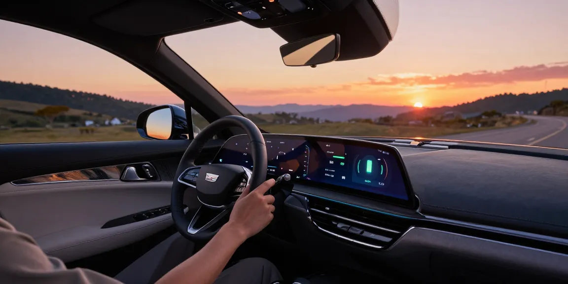 Cadillac Lyriq shows how do the driving modes affect different ranges or battery usages? with scenic backdrop during sunset.