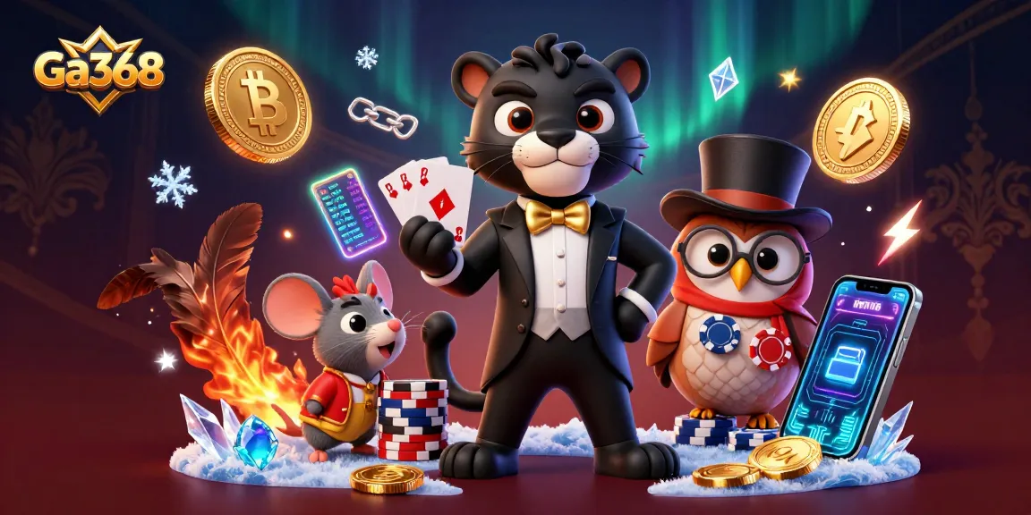 Watch Ga368's thrilling cockfighting experience unfold with stylish cartoon characters and vibrant casino elements.