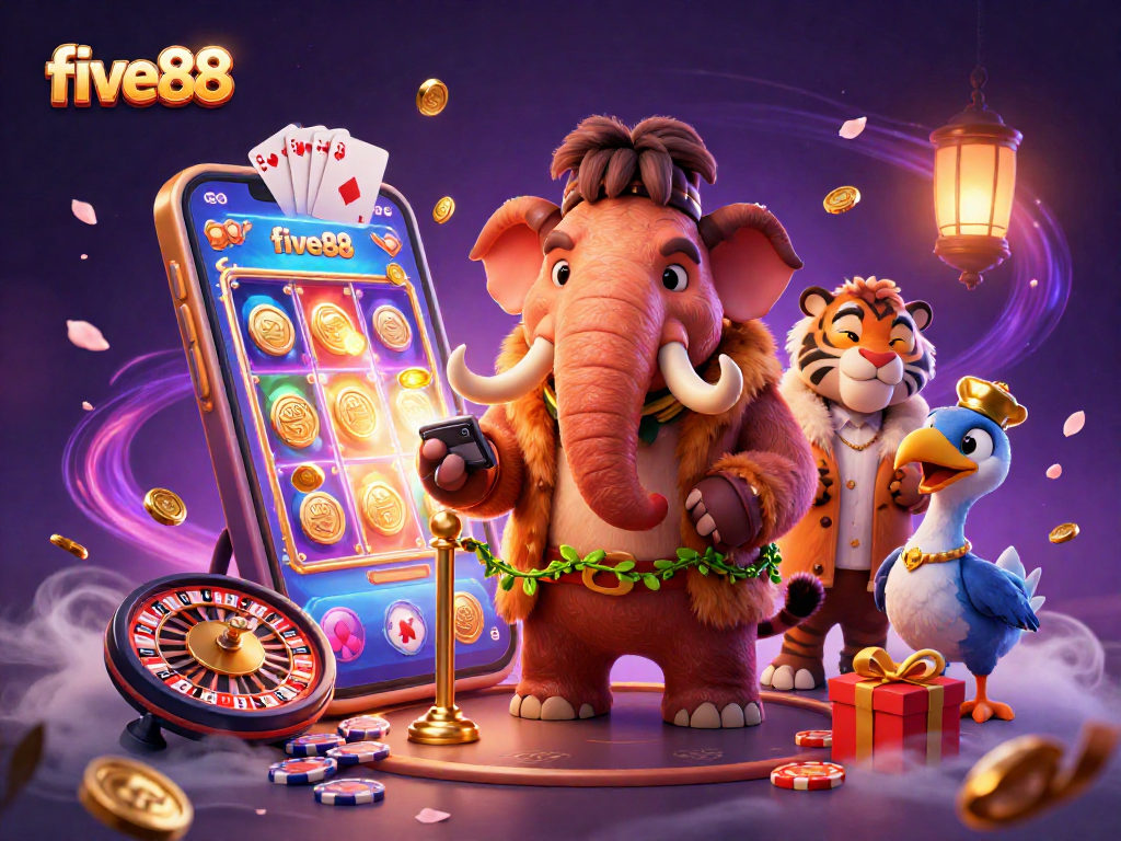 Engage with five88, a dynamic casino scene featuring a mammoth bouncer, saber-tooth tiger VIP, and dodo doorman.