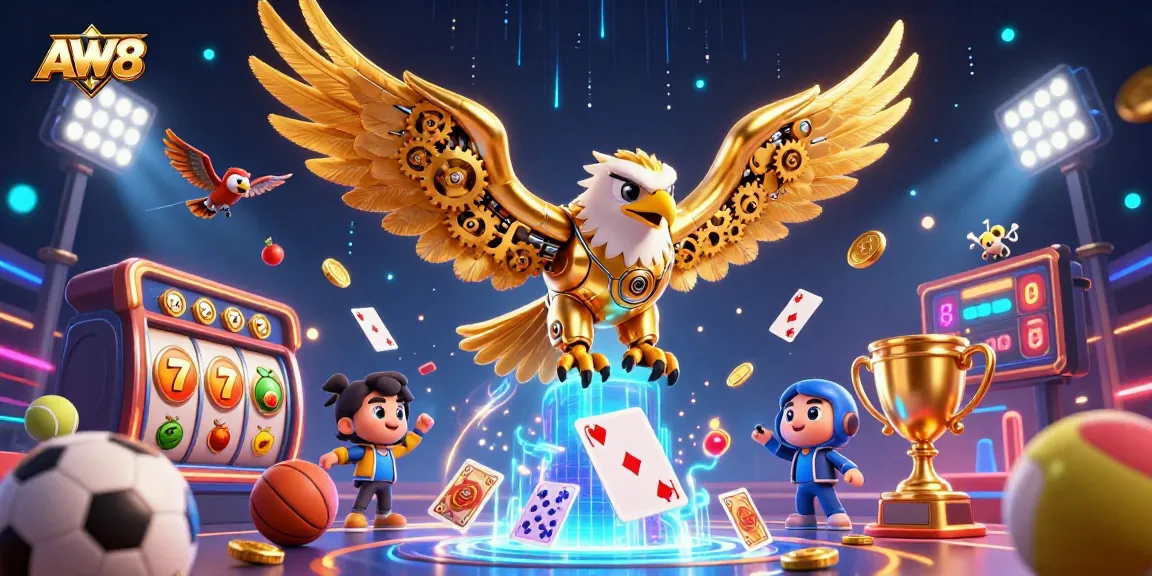 AW8 showcases an ultra-detailed 3D cartoon eagle amid dynamic slot game elements, captivating gamblers