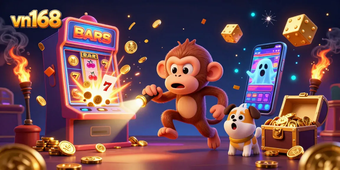 Engage with vn168's golden gaming adventures as a playful monkey juggles casino treasures.