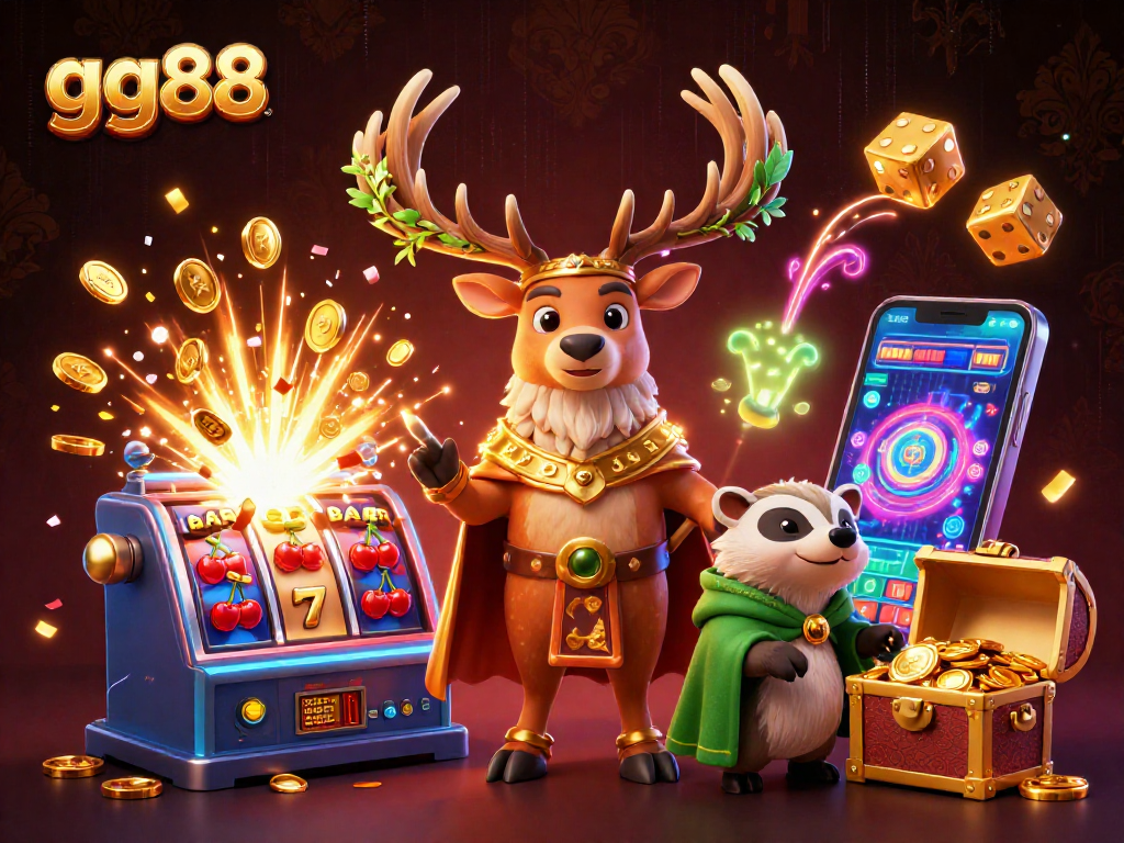 Win big with gg88 promotions, featuring vibrant casino elements and magical characters in a dynamic 3D scene.