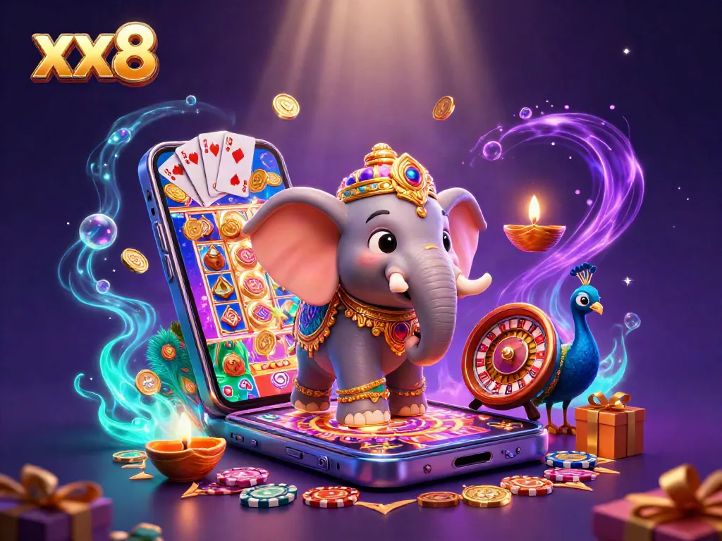 Engage in xx8 themed slot games with our vibrant 3D illustration of a gambling scene.