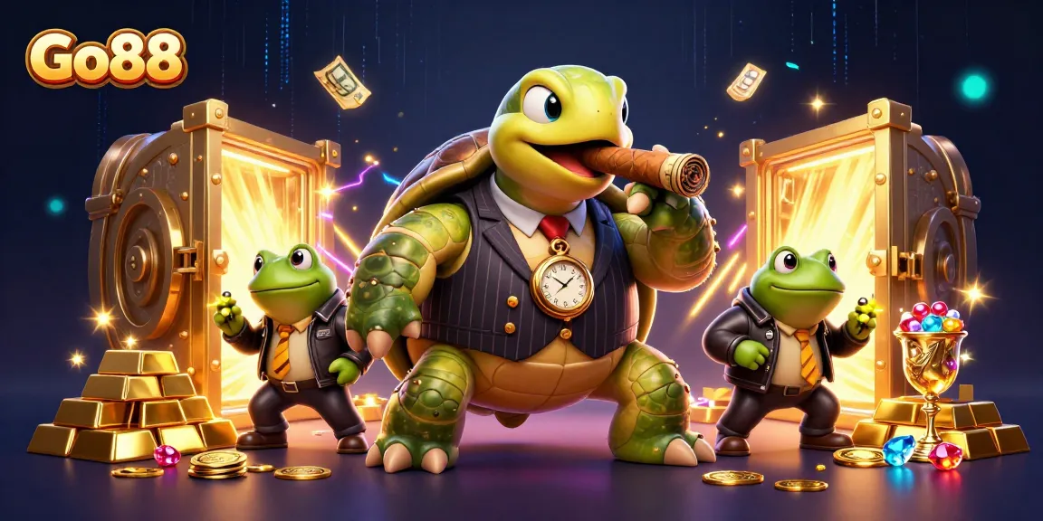 Go88 showcases a vibrant casino scene with a snapping turtle mobster and frog enforcers amidst treasures.