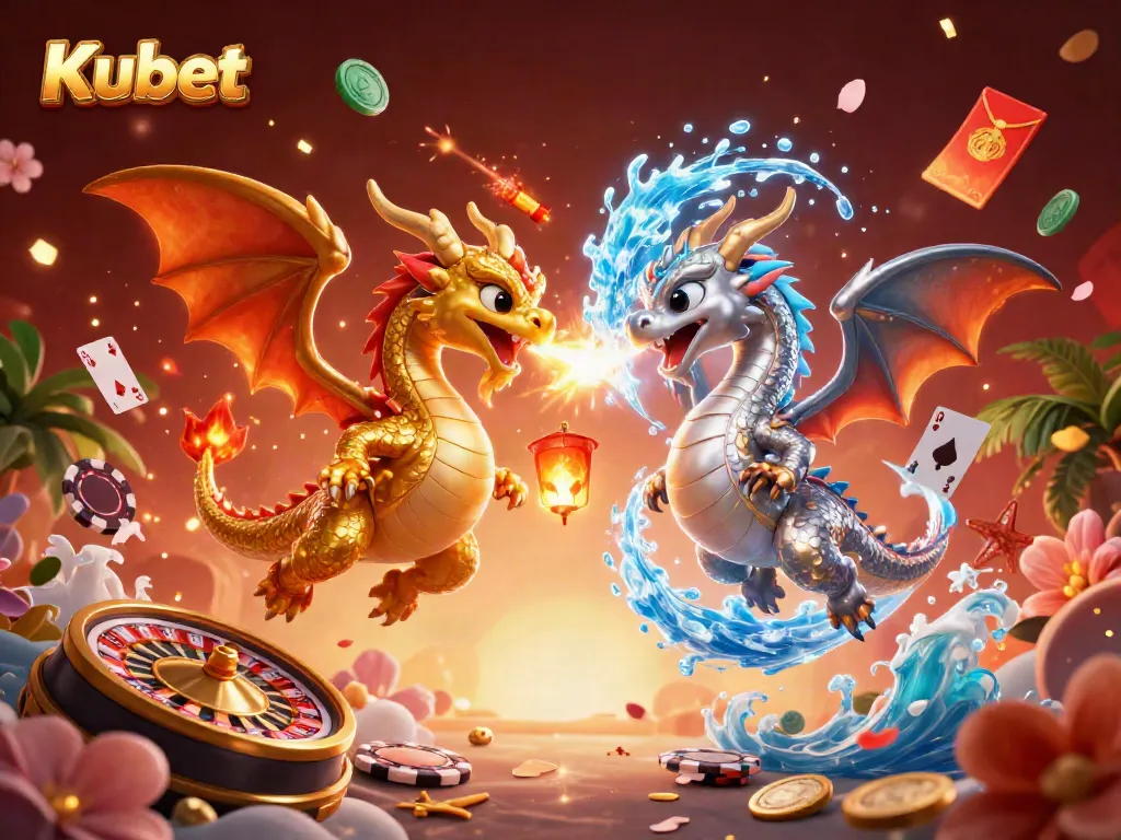 Kubet features twin dragons representing the casino's charm, surrounded by cards, chips, and fireworks.