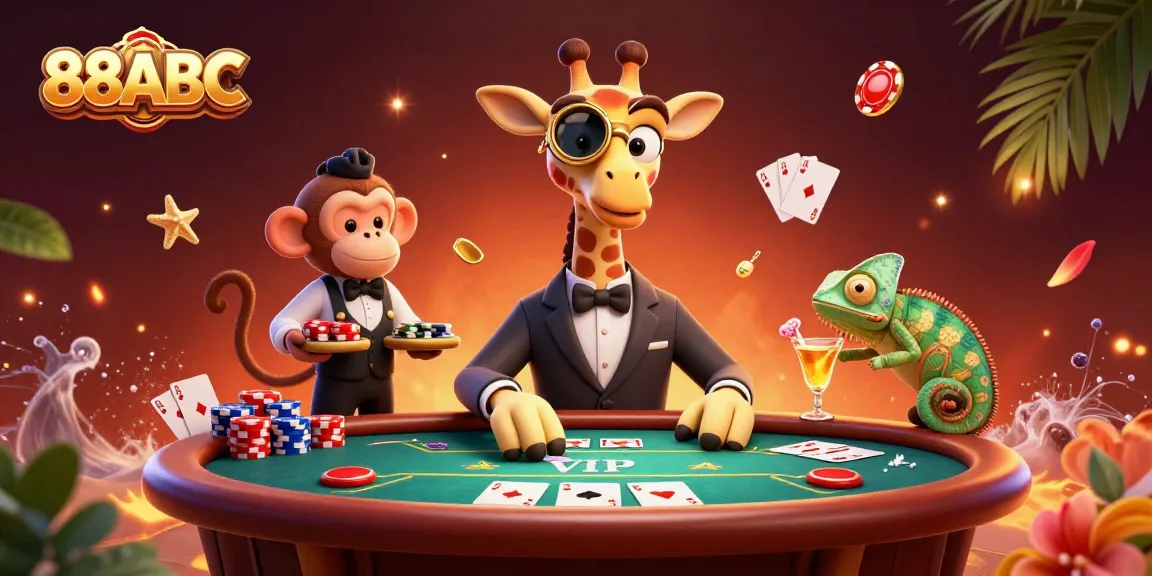 Play poker with 88ABC in a vibrant casino scene featuring a high-roller giraffe and lively elements.
