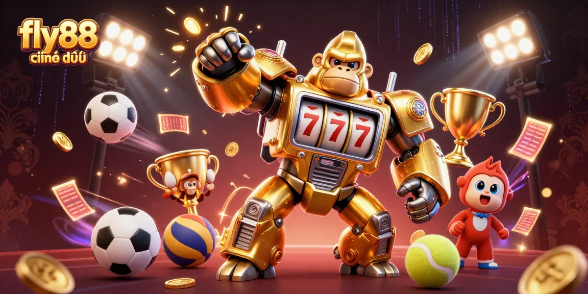 Experience fly88 chính thức with an exciting 3D illustration featuring a golden gorilla mech in dynamic action.