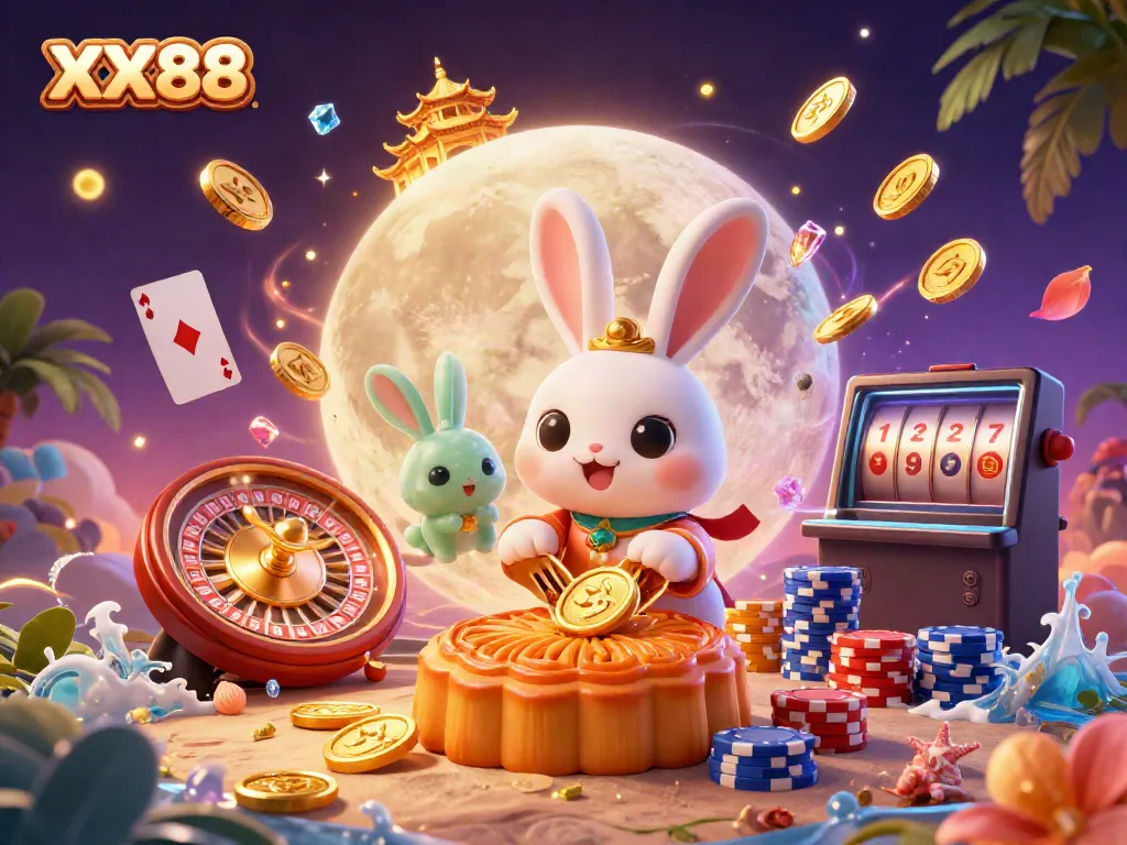Experience the magic of XX88 with a vibrant moon rabbit and casino elements in an enchanting illustration.