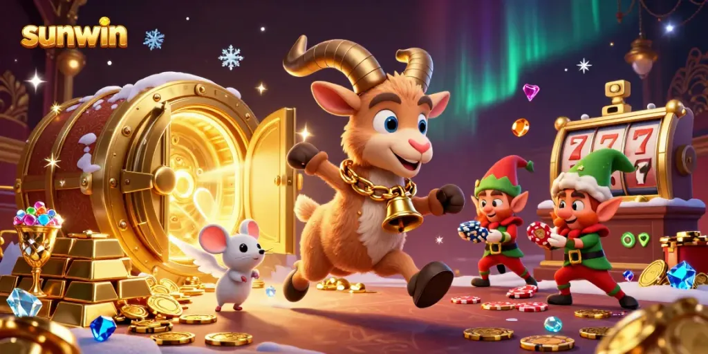 Win big with sunwin in a festive casino scene featuring cartoon Krampus and fun characters.