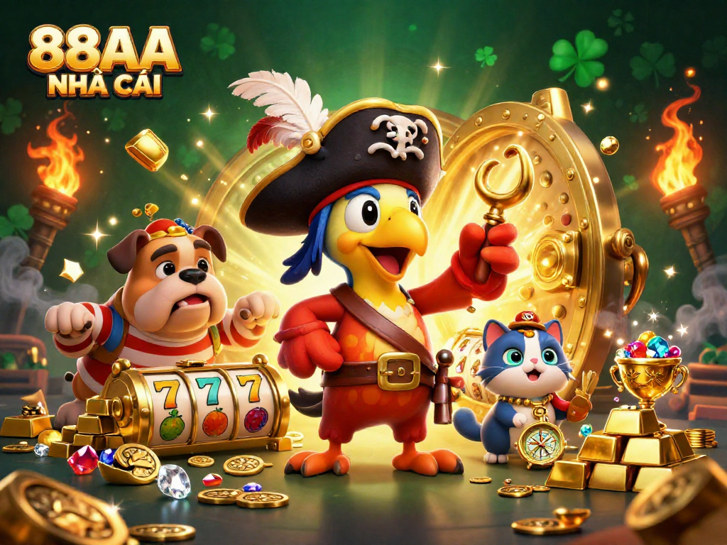 Win exciting rewards at 88AA NHÀ CÁI with vibrant 3D casino illustration featuring colorful slot games and treasures.
