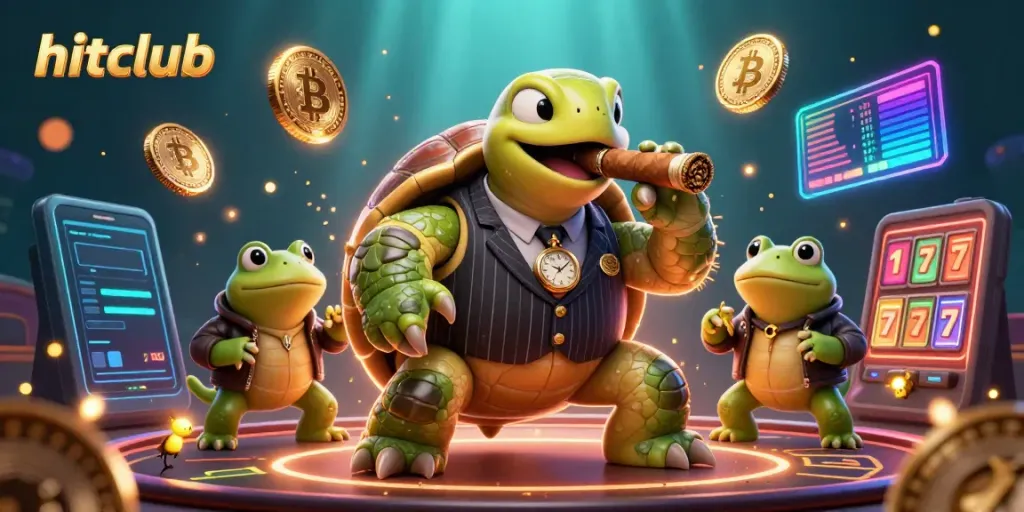 Join the hitclub action with a 3D cartoon turtle mobster and frog enforcers amidst vibrant casino elements.
