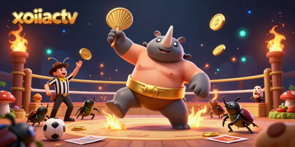 Xoilactv showcases a dynamic sports betting scene with a beetle champion and golden coins flying.