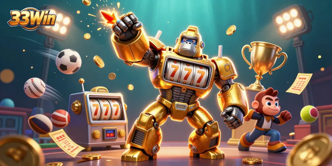 Engage with 33Win's immersive gaming visuals featuring a golden gorilla mech bursting with excitement.