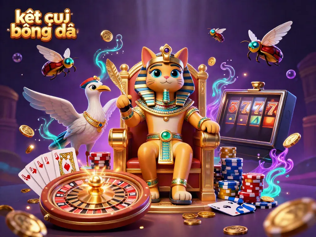 Engage with real-time kết quả bóng đá as a pharaoh cat oversees a dynamic casino scene.