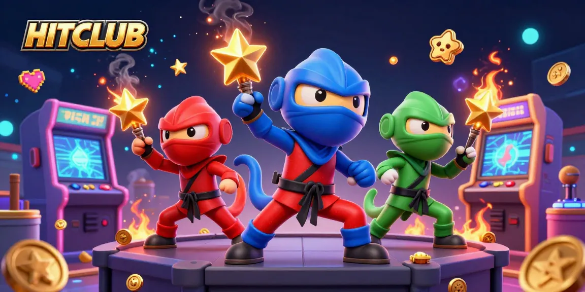 Engage with HITCLUB's exciting gaming experience featuring chameleon ninjas performing in a dynamic casino scene.