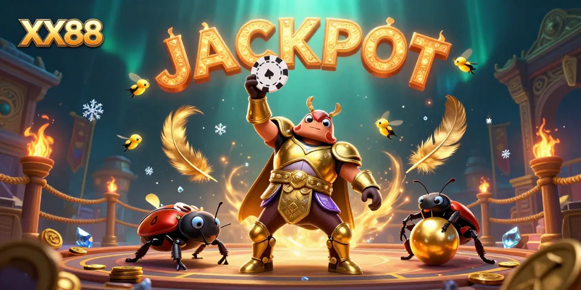 Play exciting games at XX88 with a victorious hercules beetle amidst gambling elements and fireflies spelling JACKPOT.