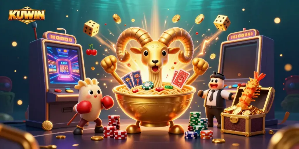 Kuwin gaming scene featuring animated characters, slot machine, and vibrant casino elements