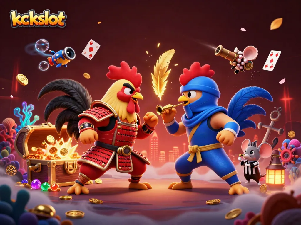 Kckslot hadir dengan ilustrasi kartun pertarungan ayam dengan detail penuh, siap untuk menghancurkan dengan simbol keberuntungan dan koin emas yang bersinar.