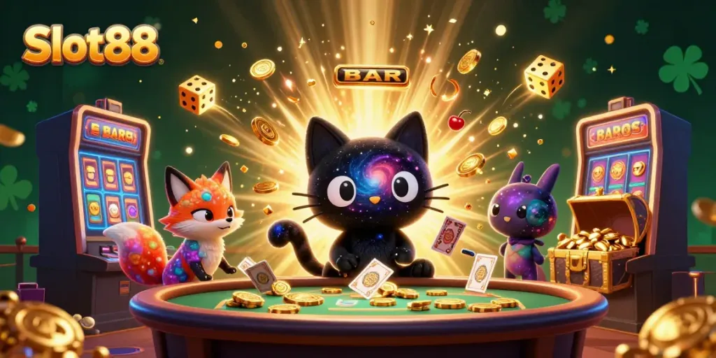 Experience thrilling gameplay with Slot88 at a cosmic casino table featuring a black hole cat and nebula fox.