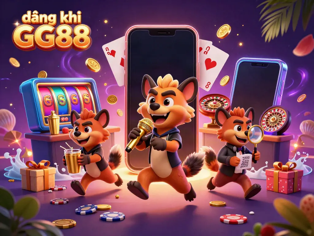 Enjoy the vibrant scene of hyenas in a comedy casino, featuring đăng ký GG88 and lively gaming elements.