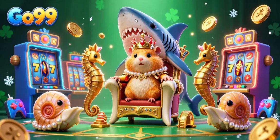 Engage in vibrant slot gaming at Go99 with colorful machines and a royal hamster king in a dazzling casino.