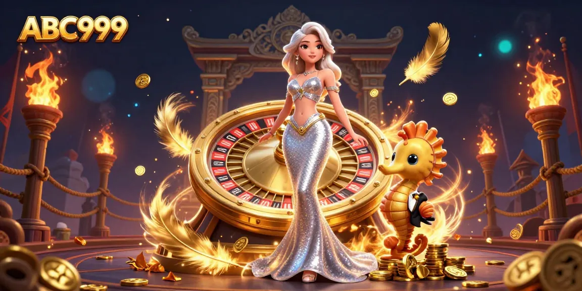 Experience the thrill of playing at ABC999 with a stunning woman next to a golden roulette wheel.