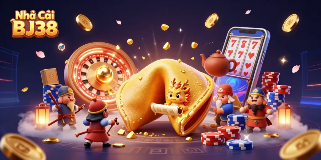 Engage with Nhà cái BJ38 through vibrant casino adventures featuring an enchanting dragon and fortune cookie.