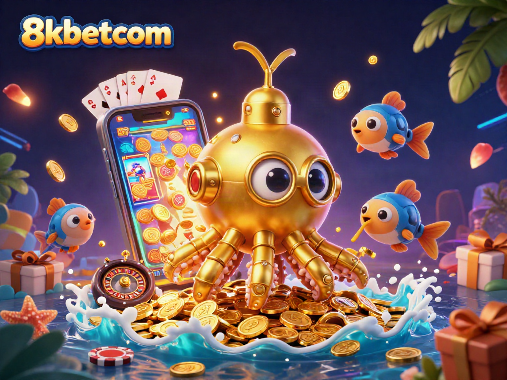 Experience the thrill of 8kbetcom with a vibrant 3D kraken submarine in a sea of golden coins!